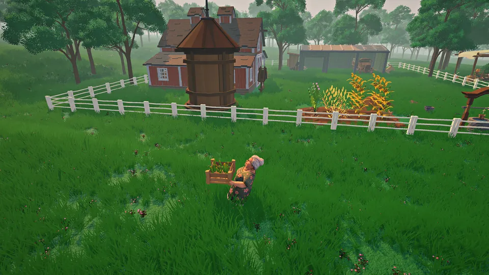 In-game screenshot: a farmer carries a wooden crate of corn across the farmyard, with the red barn and water tower behind.