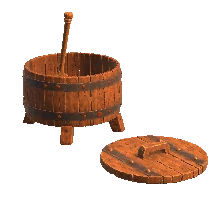 3D model render: the stock wooden mash tun with its lid and paddle.