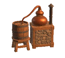 3D model render: the stock copper pot still on a stone firebox, with a barrel beside it.