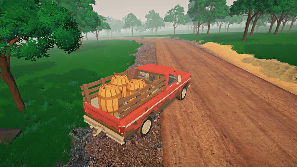 In-game screenshot: a red pickup truck with three barrels in the bed drives down a dusty dirt road between green fields.