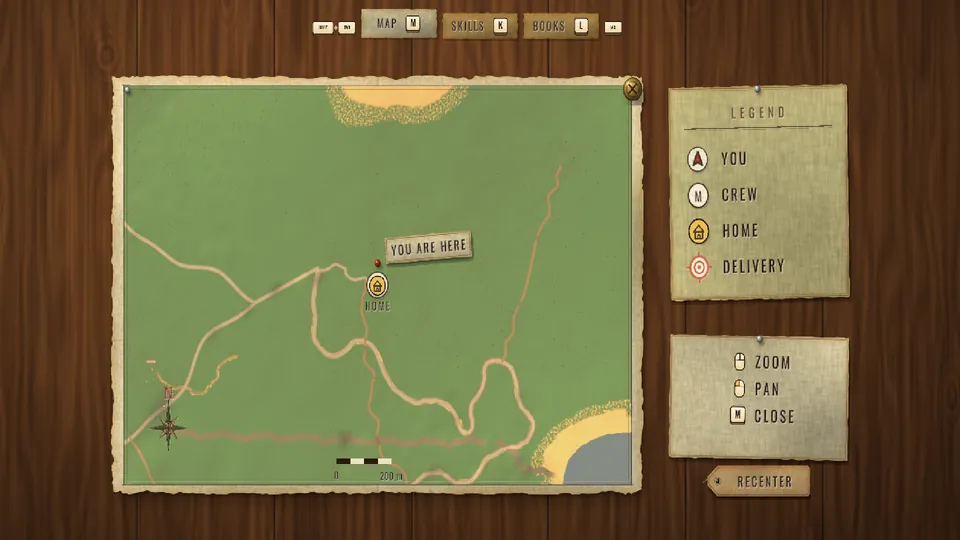 In-game screenshot: the map, a paper survey map of the roads with a You Are Here tag and a legend.